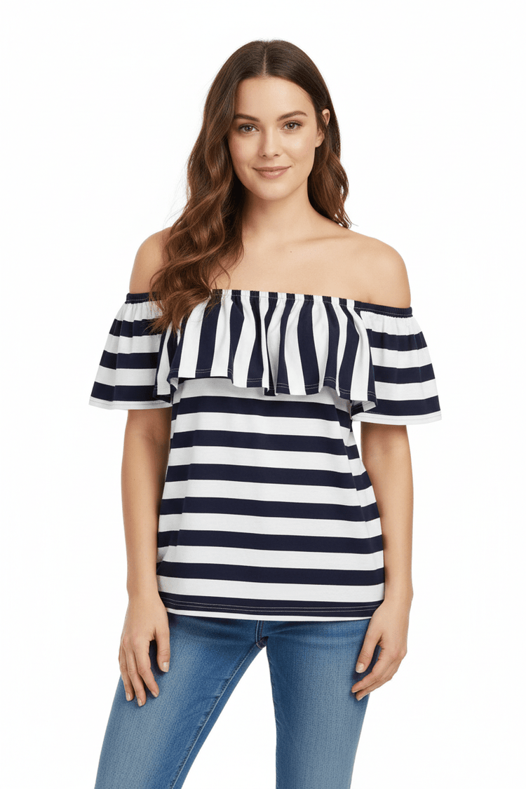 Striped Off-Shoulder Ruffle Top - Forbes outlet’s