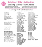 spirulina chlorella small bag nutrition facts table with serving size details and nutrient content