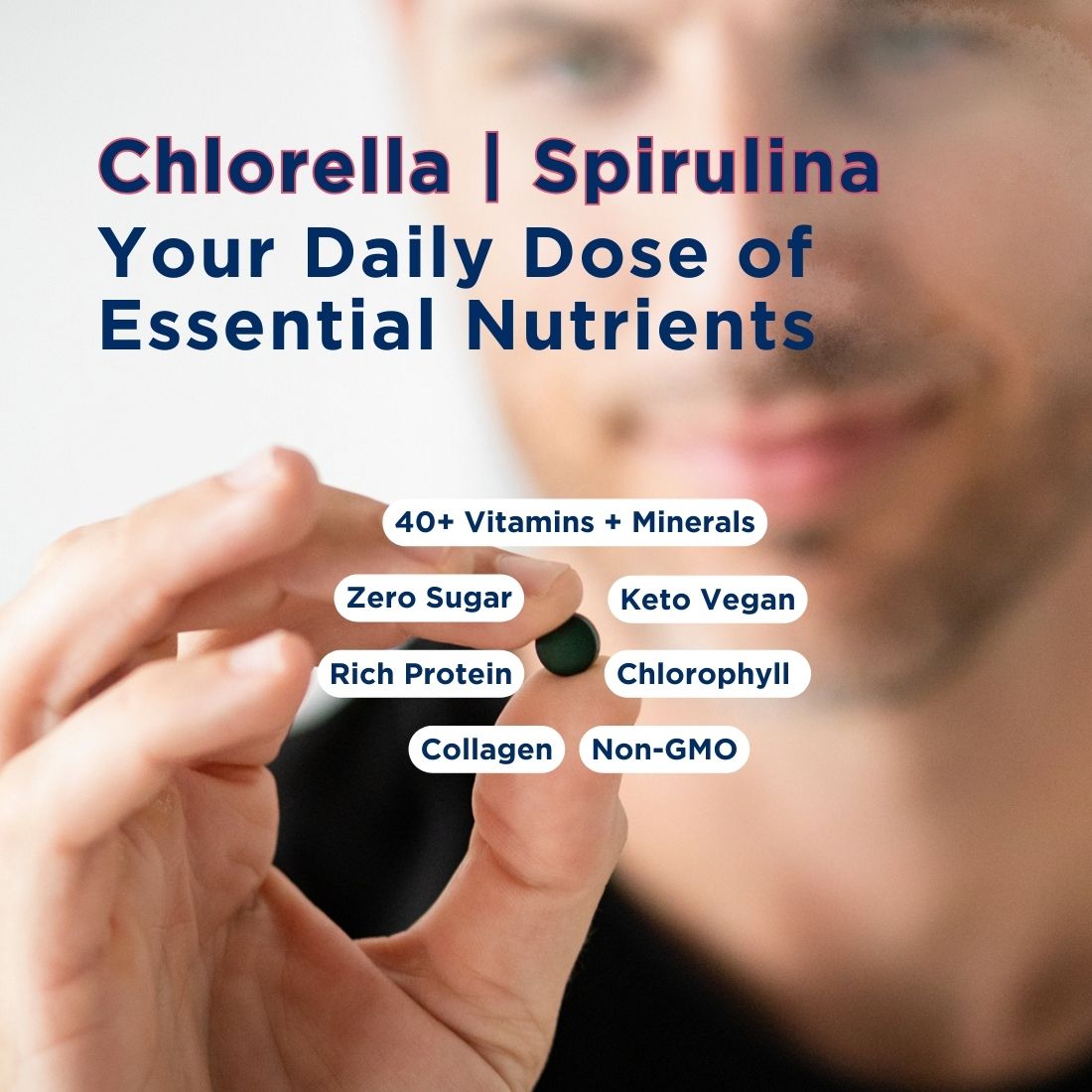 Spirulina chlorella small bag showcasing health benefits like vitamins, minerals, zero sugar, and protein boost.