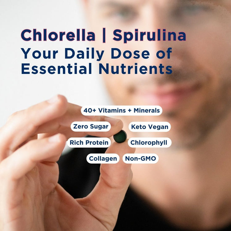 Spirulina chlorella small bag showcasing health benefits like vitamins, minerals, zero sugar, and protein boost.