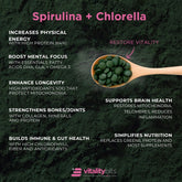 spirulina chlorella small bag nutritional benefits including energy boost, mental focus, immune support and longevity